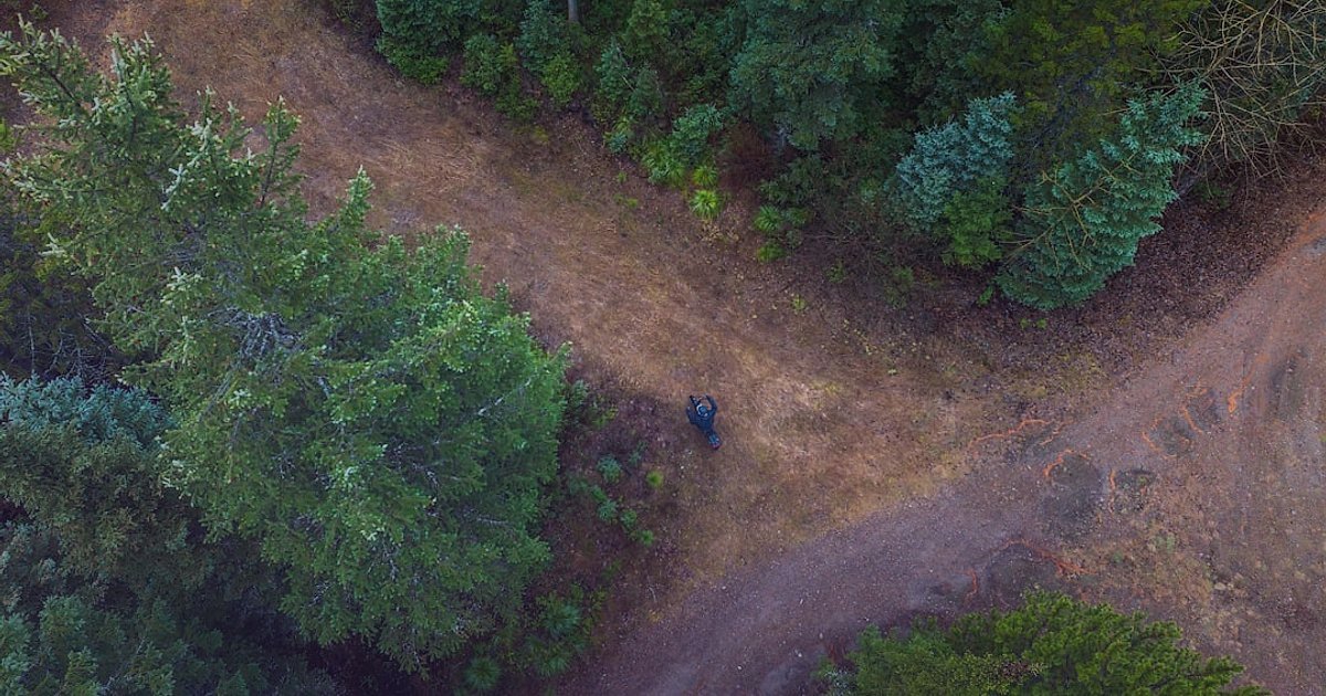 Bisiklet Kaskı SEO: Satışları Artıran Başlık ve Açıklama Sırları (2026) - overhead view of a cyclist wearing a bright orange helmet on a forest trail